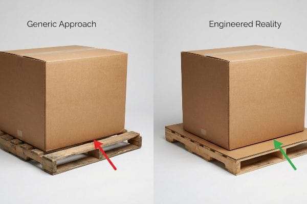 Brown cardboard box on a wooden pallet with exposed gaps (Generic Approach) versus a box on a solid corrugated slip sheet preventing void sag (Engineered Reality).