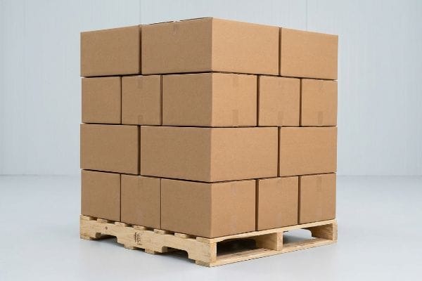 Master Carton Pallet Stacking Brown corrugated master cartons stacked perfectly on a wooden GMA pallet, illustrating optimal zero-overhang shipping logistics.