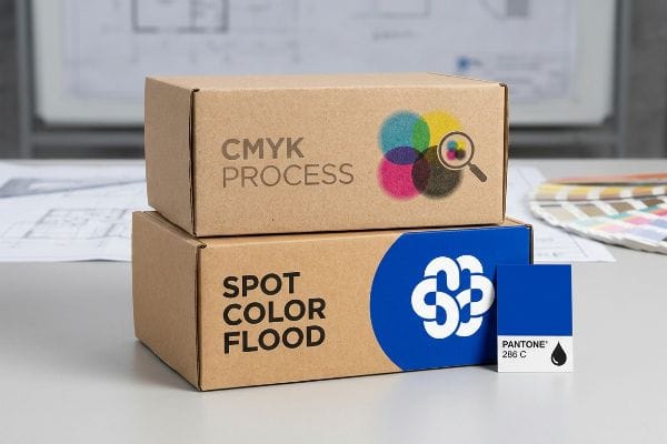 CMYK Spot Color Printing Kraft cardboard boxes illustrate CMYK Process with halftone dots and Spot Color Flood with a Pantone 286 C swatch.