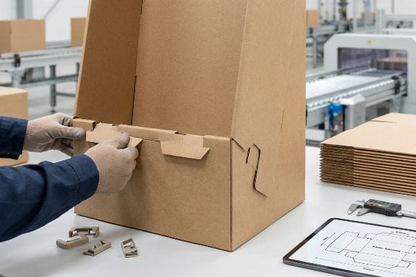 Brown corrugated cardboard display box assembly with gloved hands securing origami-style paper lock tabs, emphasizing precise engineering for co-packing.