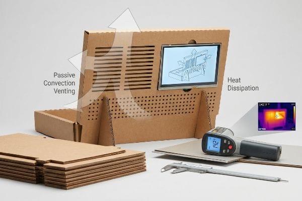 Corrugated display with passive convection venting, a thermal gun showing 142°F, and an infrared heat dissipation image.