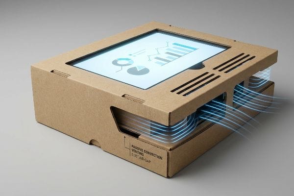 Brown corrugated cardboard display with an embedded digital screen showing data, highlighting Passive Convection Venting and a 0.35-inch Air Gap.