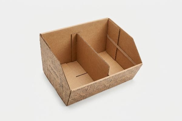 Patterned corrugated cardboard dump bin with internal H-Divider for retail merchandising.