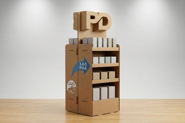 Corrugated cardboard POP-up display with 3D 'PD' header, '3-3-3 Rule' graphic, and 'Pin Card Locking Tab' detail, holding product boxes.