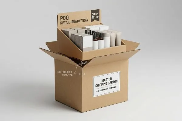 Der Versandkarton aus Wellpappe enthält eine PDQ-Verkaufsverpackung mit einem 0,25 Zoll großen Freiraum für eine reibungslose Entnahme.