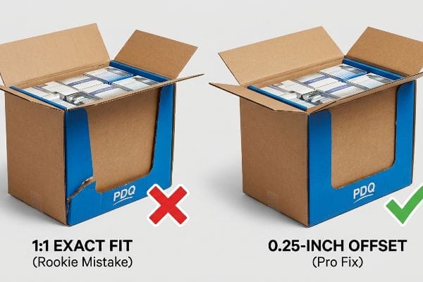 Comparaison de boîtes d'affichage PDQ en carton ondulé : une boîte déchirée avec ajustement parfait (erreur de débutant) et une boîte intacte avec décalage de 0,25 pouce (solution professionnelle).