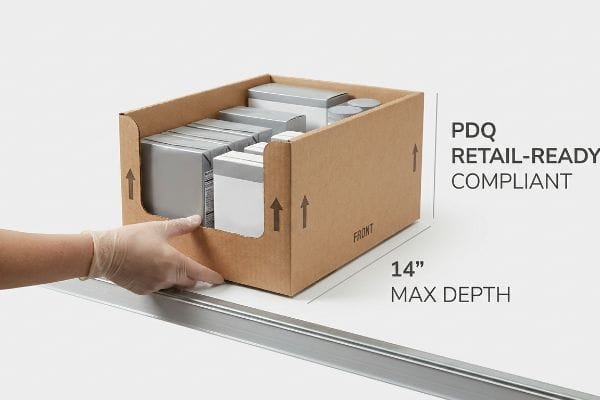 Brown corrugated PDQ Retail-Ready Compliant tray, filled with silver products, pushed by a gloved hand, highlighting 14" Max Depth.