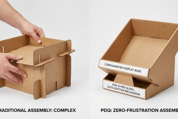 PDQ Assembly Comparison Corrugated cardboard display assembly comparison, showing complex traditional assembly versus a simple PDQ Pre-Glued Auto-Bottom Mechanism for zero-frustration setup.