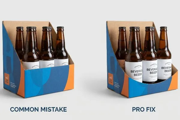 Correction de la visibilité de l'écran PDQ Présentoir PDQ en carton : les parois hautes masquent les étiquettes ; le rebord bas expose les bouteilles de bière.