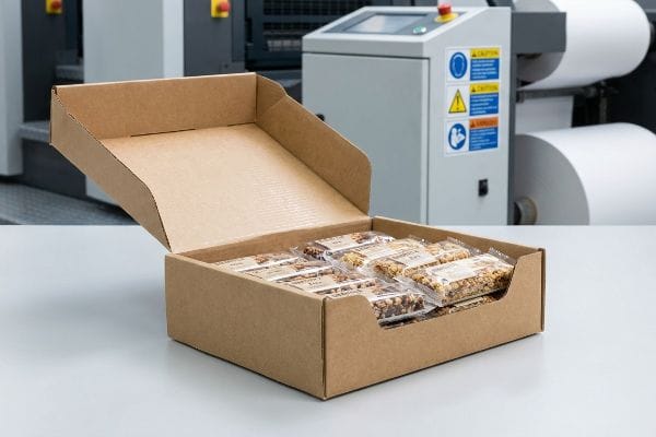 Kraft corrugated PDQ display box holds individually wrapped Honey Nut Bars, set against a printing machine.