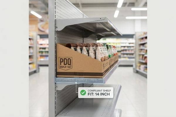 A grocery store aisle features a PDQ Display Tray on a shelf, highlighting its 14-inch compliant shelf fit for retail merchandising.