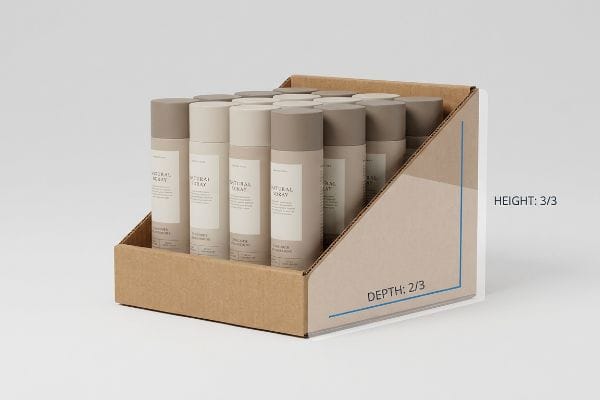 PDQ Tray Stability Ratio Brown corrugated cardboard PDQ tray displaying multiple Natural Spray bottles, illustrating the critical 2:3 depth-to-height stability ratio.