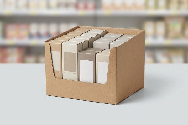 PDQ Tray Blank Boxes A brown cardboard PDQ display tray holds rows of small, blank product boxes on a retail shelf.