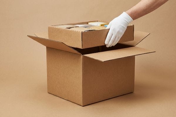 Assemblage PDQ en carton ondulé Un plateau en carton ondulé prêt à la vente, rempli de produits, est placé par une main gantée dans un carton d'expédition principal, illustrant l'efficacité de l'assemblage PDQ.