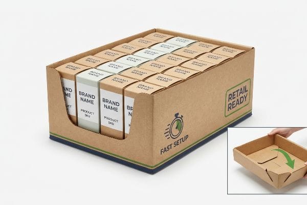 Kraft corrugated PDQ tray, 'Retail Ready' and 'Fast Setup' branded, holds product boxes, with an inset showing crash-bottom assembly.