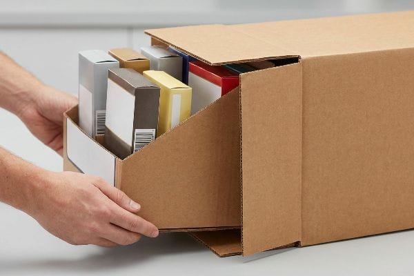 PDQ Tray Extraction Corrugated cardboard display tray, filled with various product boxes, being smoothly extracted by hands from a master shipping carton, demonstrating PDQ unpacking.