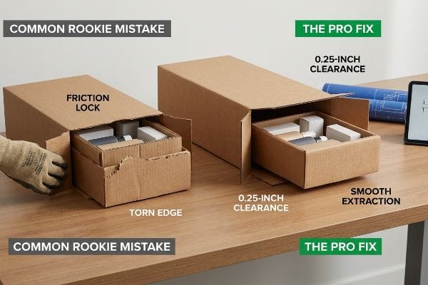 PDQ Tray Unpacking Comparison Corrugated cardboard boxes demonstrate a PDQ tray friction lock and torn edge versus a 0.25-inch clearance for smooth extraction.