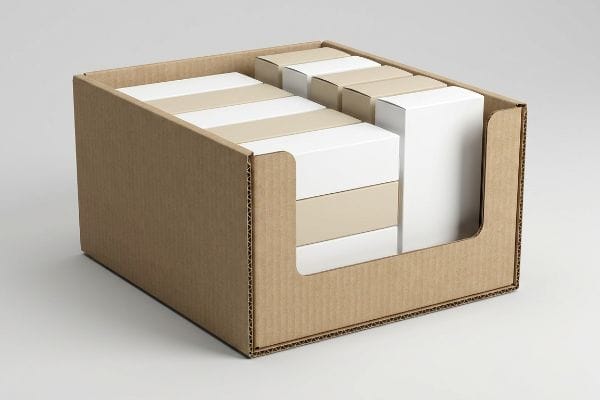 Brown corrugated PDQ tray with a front cut-out, displaying neatly stacked white and beige product boxes, showcasing its micro-fluted design.