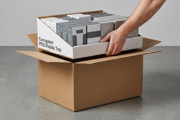 White Corrugated PDQ Display Tray, filled with grey product boxes, being lowered into a brown master shipping carton.