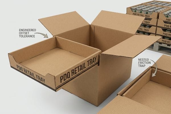 Brown corrugated PDQ Retail Tray sliding from its master shipping carton, illustrating engineered offset tolerance and the nested friction trap.