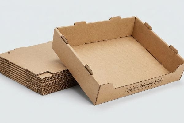 PDQ Tray Retail Setup Corrugated cardboard PDQ Tray - Rapid Retail Setup, assembled next to a stack of flat-pack trays, highlighting interlocking tabs.