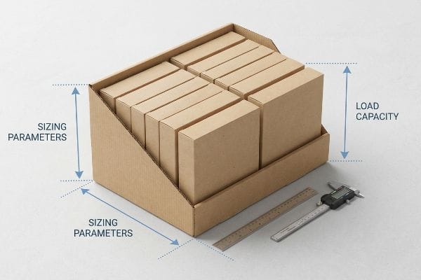 PDQ Tray Sizing Measuring a cardboard PDQ display tray filled with brown boxes, illustrating Sizing Parameters and Load Capacity with a ruler and digital caliper.