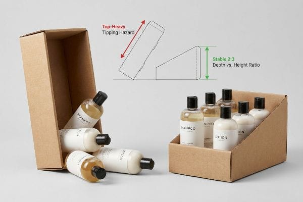 Kraft cardboard PDQ trays: top-heavy tipping hazard spilling shampoo and lotion, contrasted with a stable 2:3 depth vs. height ratio display.