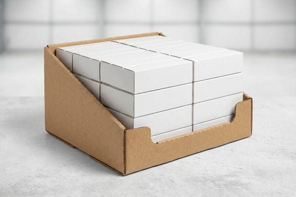 PDQ Display Tray Boxes A brown corrugated cardboard PDQ display tray holds multiple stacks of plain white rectangular product boxes, ready for retail merchandising.