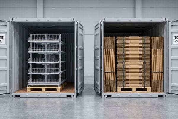 Two open shipping containers, one holding empty permanent metal wire racks on pallets, the other packed with flat-packed temporary corrugated displays.