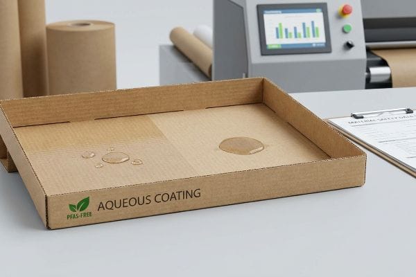 Cardboard tray with PFAS-Free Aqueous Coating repelling water droplets, showcasing moisture resistance for food packaging.