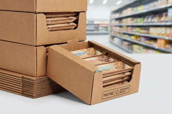 PFAS-Free Food Trays Brown corrugated cardboard PDQ display trays with PFAS-Free, Water-Based Coating for snack bars, ready for grocery shelves.