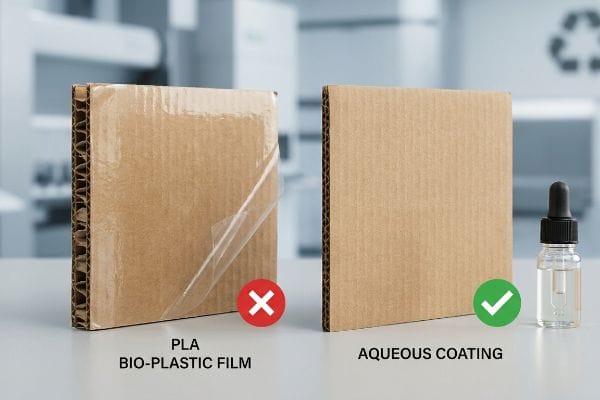 Two corrugated cardboard samples: one with peeling PLA Bio-Plastic Film (red X), the other with Aqueous Coating (green check) and a dropper bottle.