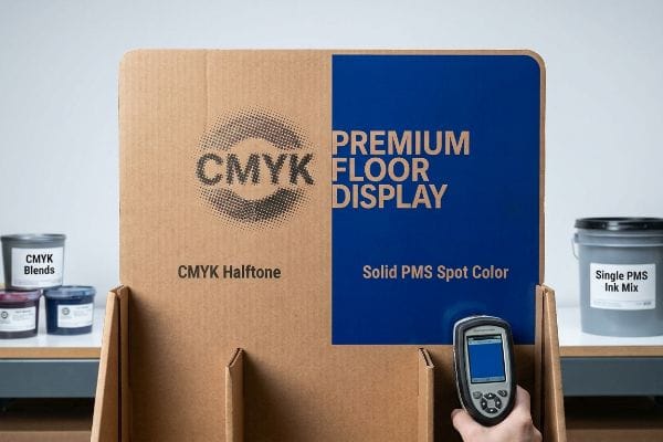 PMS Spot Color Display Cardboard display contrasting CMYK Halftone printing with a Premium Floor Display in Solid PMS Spot Color, alongside CMYK Blends and Single PMS Ink Mix.