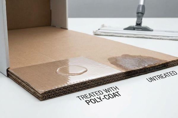 Poly-Coat Water Repellency Test Corrugated cardboard demonstrates water repellency with a Poly-Coat treatment versus absorbed water on an Untreated section.