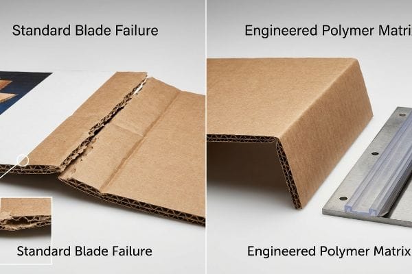 Crease Matrix Comparison Brown corrugated cardboard comparison shows Standard Blade Failure with a cracked crease and crushed flutes versus a clean fold from an Engineered Polymer Matrix.