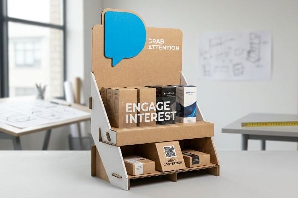 Cardboard POP Display Strategy Corrugated cardboard point-of-purchase display with a blue die-cut speech bubble, featuring 'Grab Attention', 'Engage Interest', and a QR code for 'Drive Conversion'.