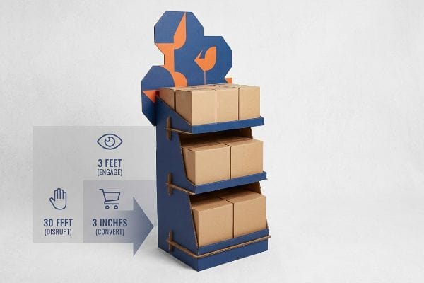 Blue and orange corrugated point-of-purchase display with three shelves of brown boxes, illustrating the 3-3-3 Rule: 30 Feet (Disrupt), 3 Feet (Engage), 3 Inches (Convert).