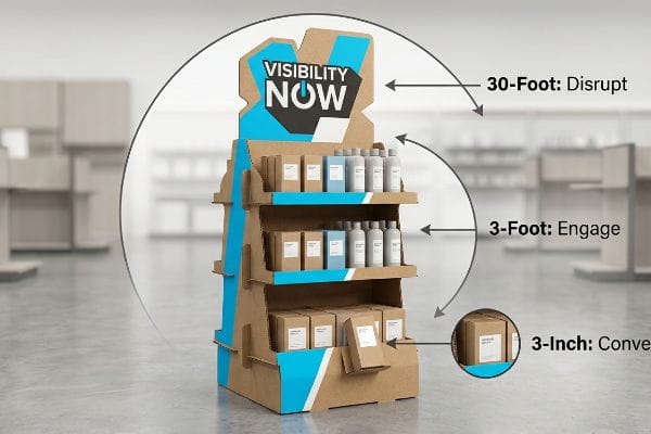 3-3-3 Rule Display Cardboard POP display with 'Visibility Now' header, demonstrating 3-3-3 Rule: 30-foot disrupt, 3-foot engage, 3-inch convert.