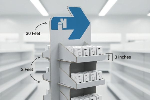 Corrugated cardboard POP display with blue arrow, highlighting the 3-3-3 Rule for 30 feet, 3 feet, and 3 inches retaining lip.
