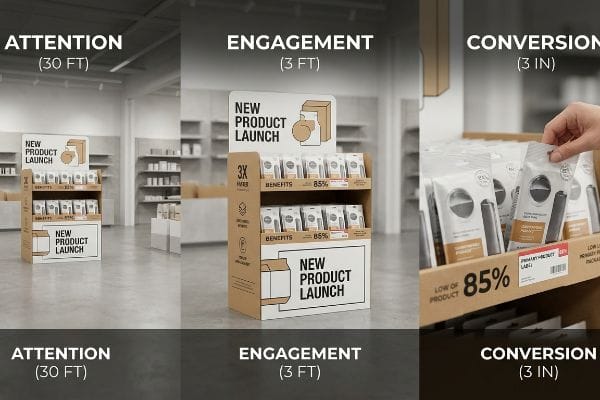 3-3-3 Spatial Rule Display Cardboard POP display illustrating the 3-3-3 Spatial Rule: Attention (30 Ft), Engagement (3 Ft), and Conversion (3 In) for a New Product Launch, highlighting 85% product visibility.