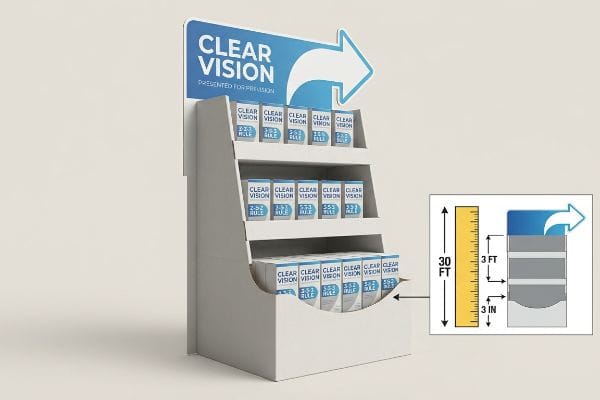 Clear Vision POP Display A white point-of-purchase display for Clear Vision products, showcasing the 30 FT, 3 FT, and 3 IN rule for shopper engagement.