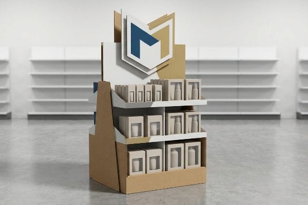 Corrugated cardboard POP display featuring a 3D die-cut header, tiered shelves, and various product boxes and bottles.