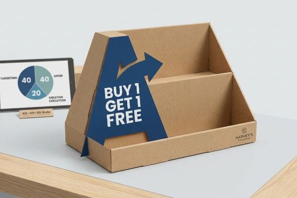 POP Display 40-40-20 Rule Brown corrugated display with a "Buy 1 Get 1 Free" offer and Harvey's Packaging logo, next to a tablet showing the 40-40-20 rule.
