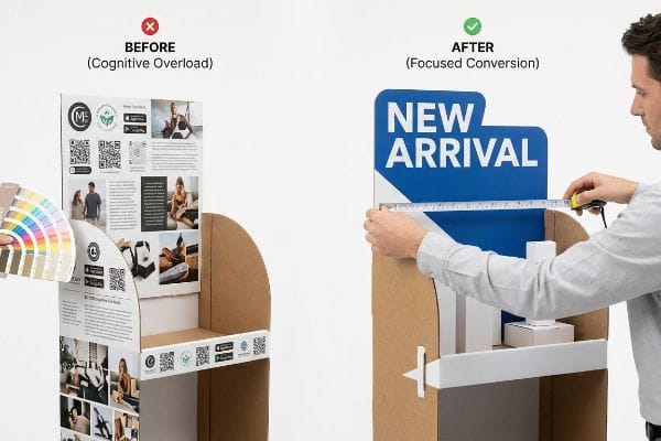 Cardboard POP display comparison: 'Before Cognitive Overload' graphics versus 'After Focused Conversion' with a blue 'New Arrival' header.