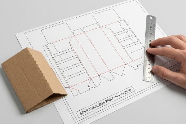 POP Display Dieline An overhead view shows a hand measuring a Pop Display Structural Blueprint dieline with a ruler, alongside a corrugated cardboard box.