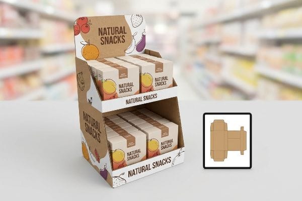 A two-tiered corrugated point-of-purchase display, filled with 'Natural Snacks' boxes, features fruit graphics and a tablet showing a die-cut template.