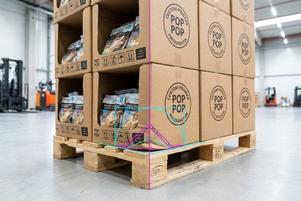 POP Pallet Overhang Analysis Custom-Printed Pop Pop Presentation corrugated boxes on an EPAL pallet, with magenta lines highlighting critical pallet overhang.