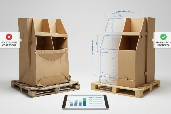 Two cardboard POP displays on pallets: one damaged with 'Isolated Unit Cost Focus', the other an 'Engineered Redesign' with 'Unified 4 C's Protocol' blueprint. A tablet shows 'Total Cost ROI'.