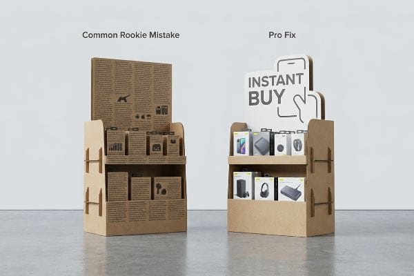 Brown corrugated POP displays illustrate "Common Rookie Mistake" with text-heavy panels versus "Pro Fix" with "Instant Buy" die-cut header and clear products.