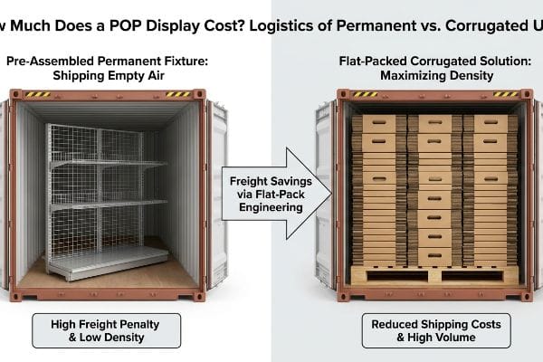 Flat-Pack Shipping Efficiency Two shipping containers illustrate the High Freight Penalty of a Pre-Assembled Permanent Fixture versus the Freight Savings of a Flat-Packed Corrugated Solution, maximizing density.